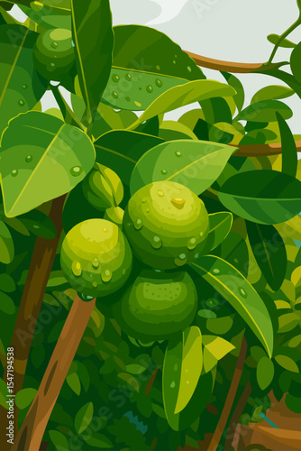 The image depicts a digital illustration of limes (Citrus aurantiifolia) growing on a tree. The limes are round, green, and have smooth to slightly textured skin. They are shown with water droplets on