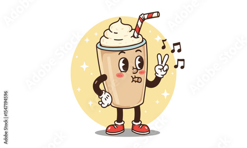  A delightful vintage-style cartoon illustration of a light brown milkshake cup character with whipped cream and a striped straw,