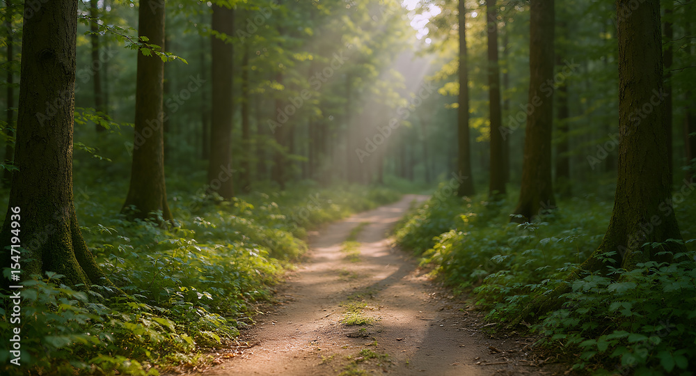 Obraz premium Sunlight Filtering Through a Dense Forest Canopy Illuminating a Dirt Path