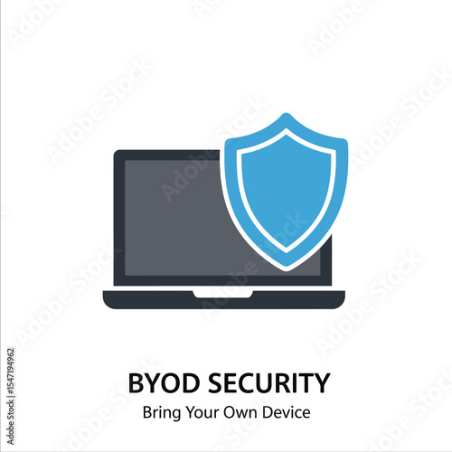 Laptop Computer with Blue Shield Icon B Y O D Security