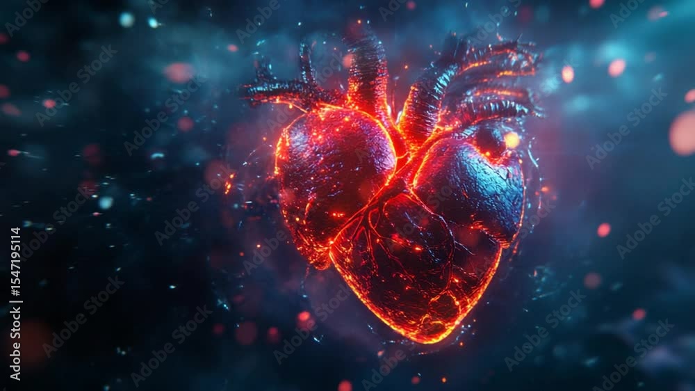 Abstract glowing human heart animation pulsing with life and energy in blue space