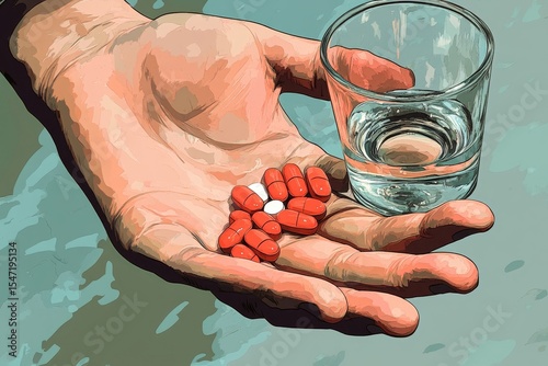 Healthcare Harmony, close-up hands holding medication and a water glass for optimal wellness, focusing on pharmaceutical treatments and mental health care., Generative AI
