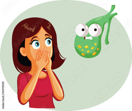 Woman Feeling Nausea from Gallstones Vector Cartoon Illustration. Patient suffering from bile reflex and other serious symptoms 
