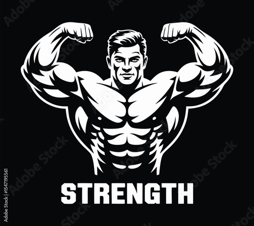 Strong Man Flexing Biceps Illustration, Black and White Bodybuilder Vector Graphic, On Black Background
