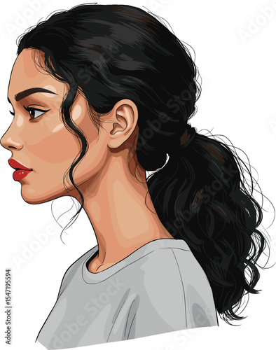  Elegant Young Woman Profile with Dark Hair Ponytail and Red Lipstick, Ideal for Beauty Concepts, Fashion Illustration, and Diverse Modern Female Representation in Digital Media