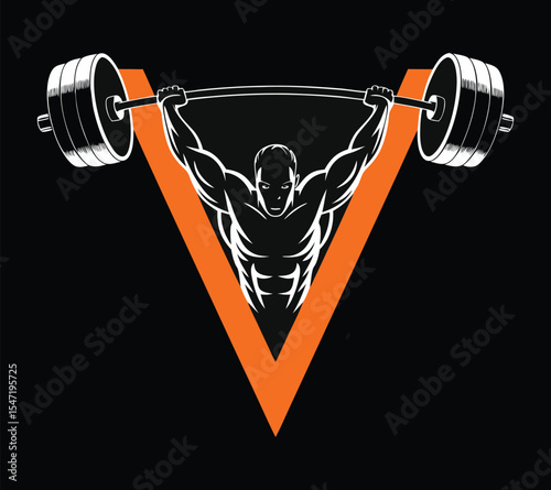 Strong Man Flexing Biceps Illustration, Black and White Bodybuilder Vector Graphic, On Black Background
