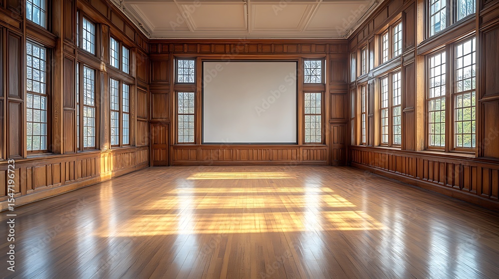 Fototapeta premium Empty auditorium interior with large screen and sunlight reflections on wooden floor for presentation template opportunity