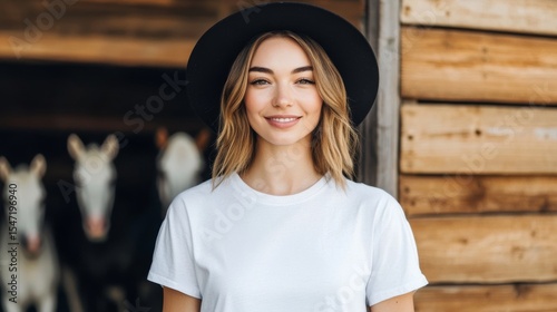 The image features a cowgirl posing in a studio, dressed in jeans, a white t-shirt, and a cowboy hat