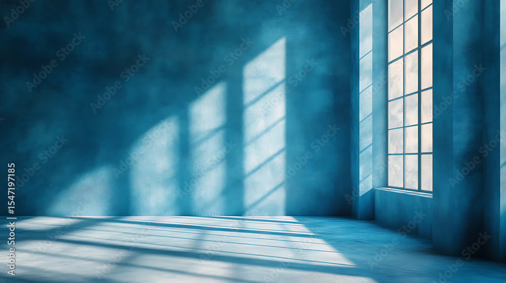 Fototapeta premium Empty blue room with window light and shadows creating a dramatic and minimalist atmosphere for interior design