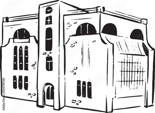 Art Deco Building Illustration with Stucco and Geometric Windows. A clean black and white line drawing of an Art Deco style building with curved edges, flat roof.  For architecture and history lovers