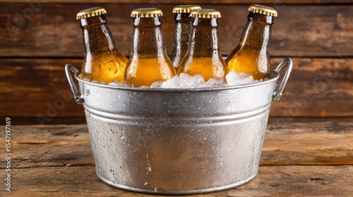 In a restaurant, a bucket filled with ice contains chilled bottles of beer
