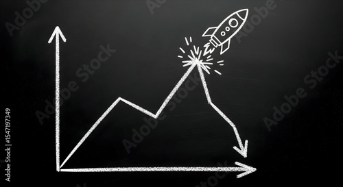 Chalkboard drawing of a graph with a rocket launching from a peak, then plummeting