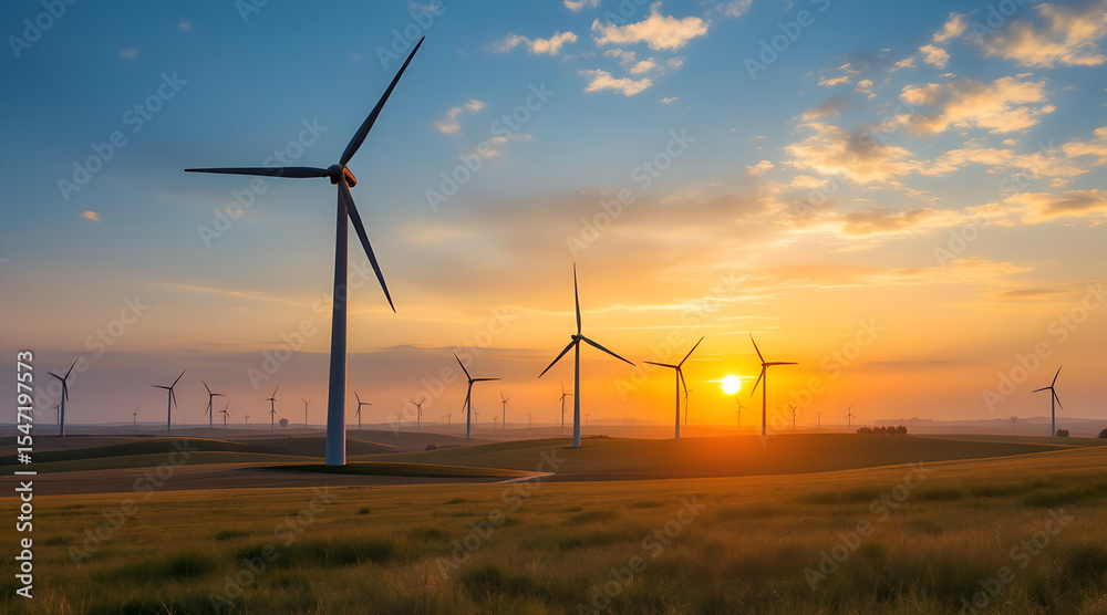 Obraz premium Wind Turbines in a Field at Sunset Generating Renewable Energy