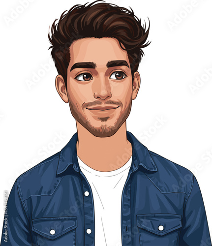  Stylish Young Man with Trendy Hair and Denim Shirt, Perfect for Modern Lifestyle Concepts, Youth Fashion Advertisements, and Engaging Digital Content Representing Cool Confidence