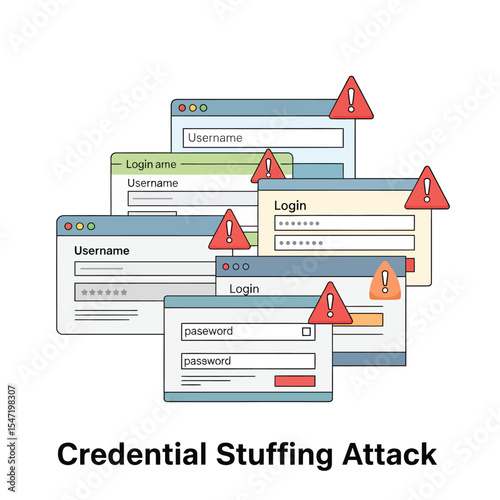 Overlapping Login Screens Red Warning Triangles Credential Stuffing Attack