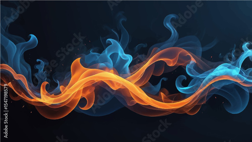 Burning fire flames with abstract smoke and glowing waves on a dark background