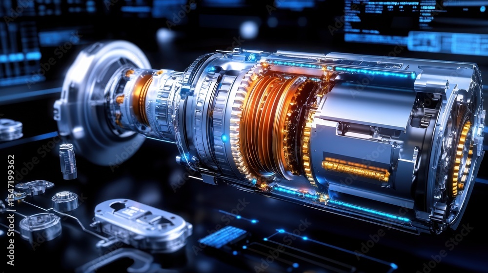 Fototapeta premium High-resolution close-up view of an electric motor and gearbox in automotive engineering setting, showcasing advanced vehicle powertrain technology