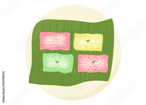 Getuk Lindri is an Indonesian dish made from grounded boiled cassava, mixed with grated coconut, sugar and sprinkled with food coloring. traditional sweet snack.