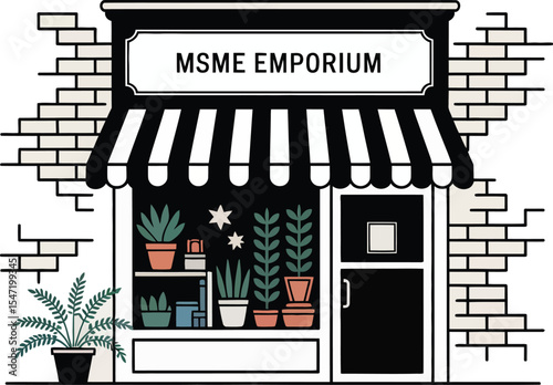 a stylized storefront labeled "MSME Emporium," featuring a black-and-white striped awning and a brick facade, shop window displays various potted plants and greenery, suggesting it is a store