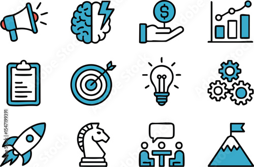 Business Strategy and Innovation Icons Representing Success and Growth