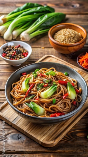 Traditional Hakka noodle stir fry with fresh vegetables and a side of steamed bok choy