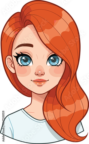 Adorable Red-Haired Girl Cartoon Character with Big Blue Eyes, Ideal for Children's Content, Youthful Branding, and Engaging Digital Media Designs, Portraying Sweetness