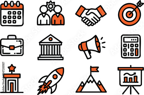 Business and Finance Icon Set with Orange Accents on White Background