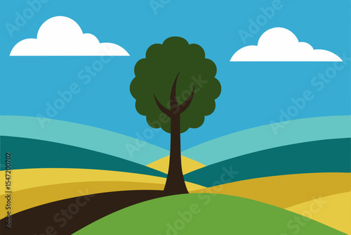 Serene Countryside Landscape Rolling Hills, Lush Fields, and a Solitary Tree