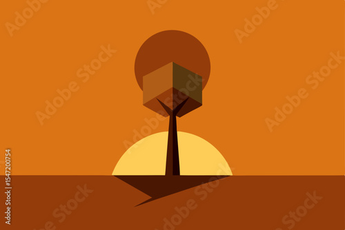 Geometric Sunset Landscape Abstract Cubist Tree Silhouette at Dusk