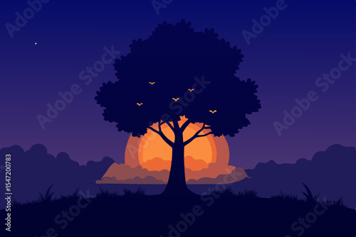 Silhouette Tree at Sunset A Peaceful Nighttime Landscape Illustration