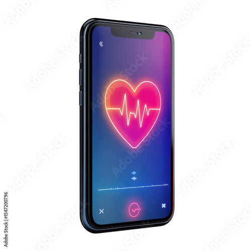 Neon Heartbeat App on Phone Mobile Health Technology Digital Wellness on transparent background