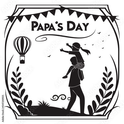 Black White Silhouette Papa Daughter Hot Air Balloon Papas Day Tshirt Design vector