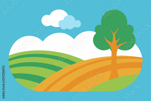 Serene Rolling Hills Landscape Farmland, Tree, and Sky Illustration