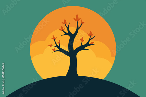 Autumn Sunset Silhouette Tree and Orange Sun Graphic Design