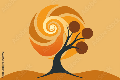 Abstract Autumn Tree Spiral Sunset Design, Warm Colors, Nature Illustration