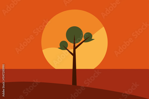Sunset Silhouette Minimalist Tree and Sun Landscape Illustration