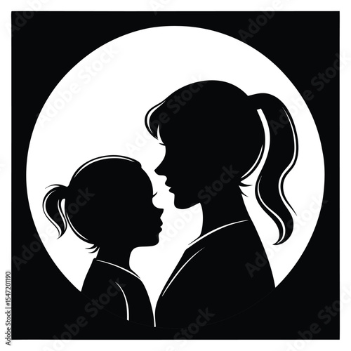 Black White Silhouette Mother Toddler Daughter Close Up Profile View Circular Frame child girl