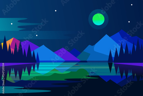Vibrant Night Landscape Mountains, Lake, and Starry Sky Illustration