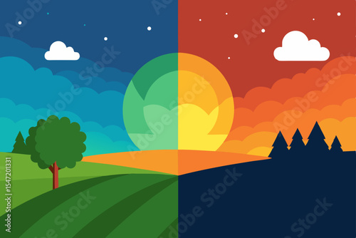 Day and Night Landscape A Vivid Contrast of Sunrise and Sunset Scenery