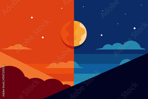 Day and Night A Vivid Contrast of Sunset and Night Sky Illustration