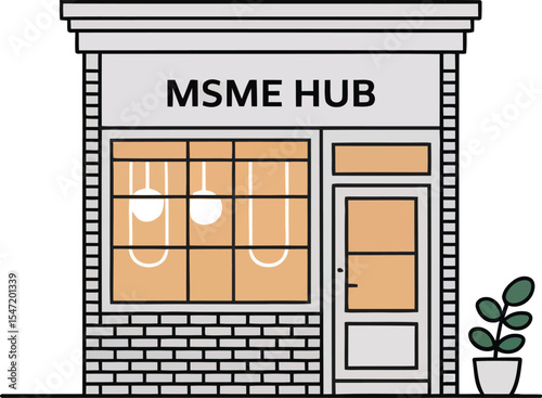a stylized illustration of a storefront labeled "MSME Hub," featuring a brick facade with large windows and a door. The windows have a warm orange glow, and a potted plant stands outside