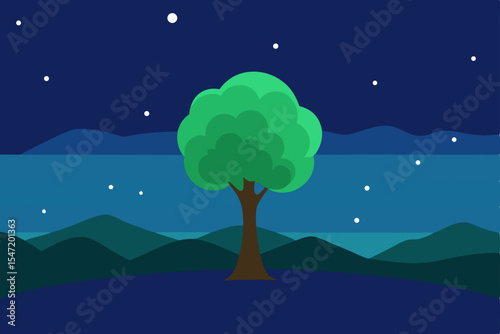 Serene Night Landscape Lone Tree Silhouette Against Starry Sky and Mountain Ranges