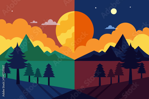 Day and Night Mountain Landscape A Stunning Split View Illustration