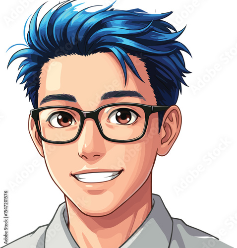 Cheerful Anime-Style Man with Blue Hair and Glasses, Ideal for Youthful Tech Concepts, Modern Educational Content, and Engaging Digital Marketing Visuals Representing Creativity