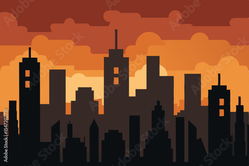 Vibrant urban skyline silhouette at sunset with towering skyscrapers