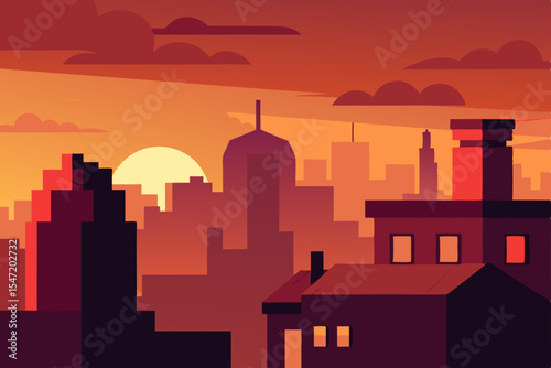Urban skyline silhouette at sunset with glowing sky