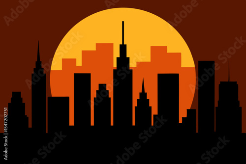A stunning vector silhouette of a city skyline at sunset, featuring the iconic architecture of Los Angeles and Seattle