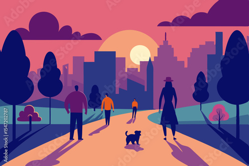 Diverse people silhouettes walk the urban street, a vector city illustration with a clear sky
