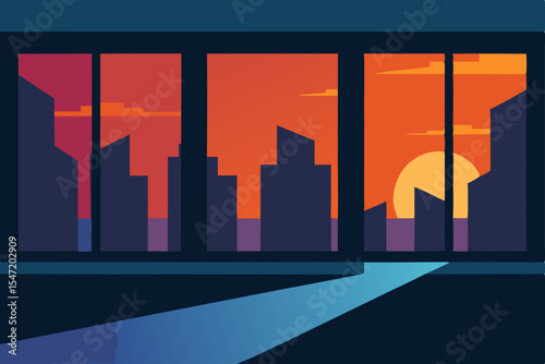 Sunset Cityscape A Vibrant Window View of Urban Horizon at Dusk