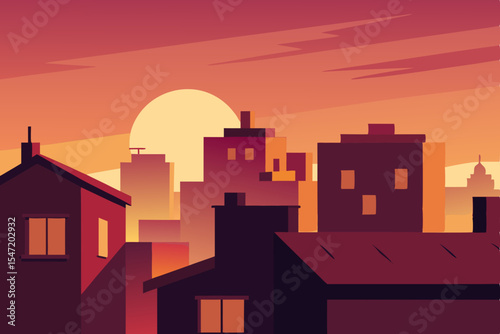 Sunset over the city skyline, a vibrant urban landscape silhouetted against the colorful dusk sky with buildings and architectural forms